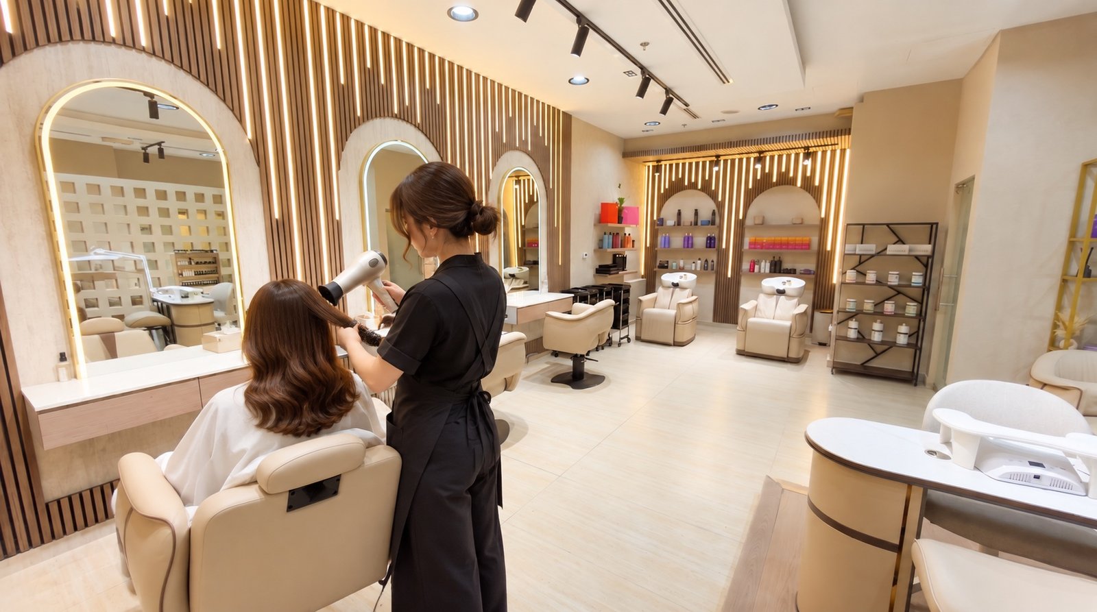 Hair artist finishing a guest's style inside Helora